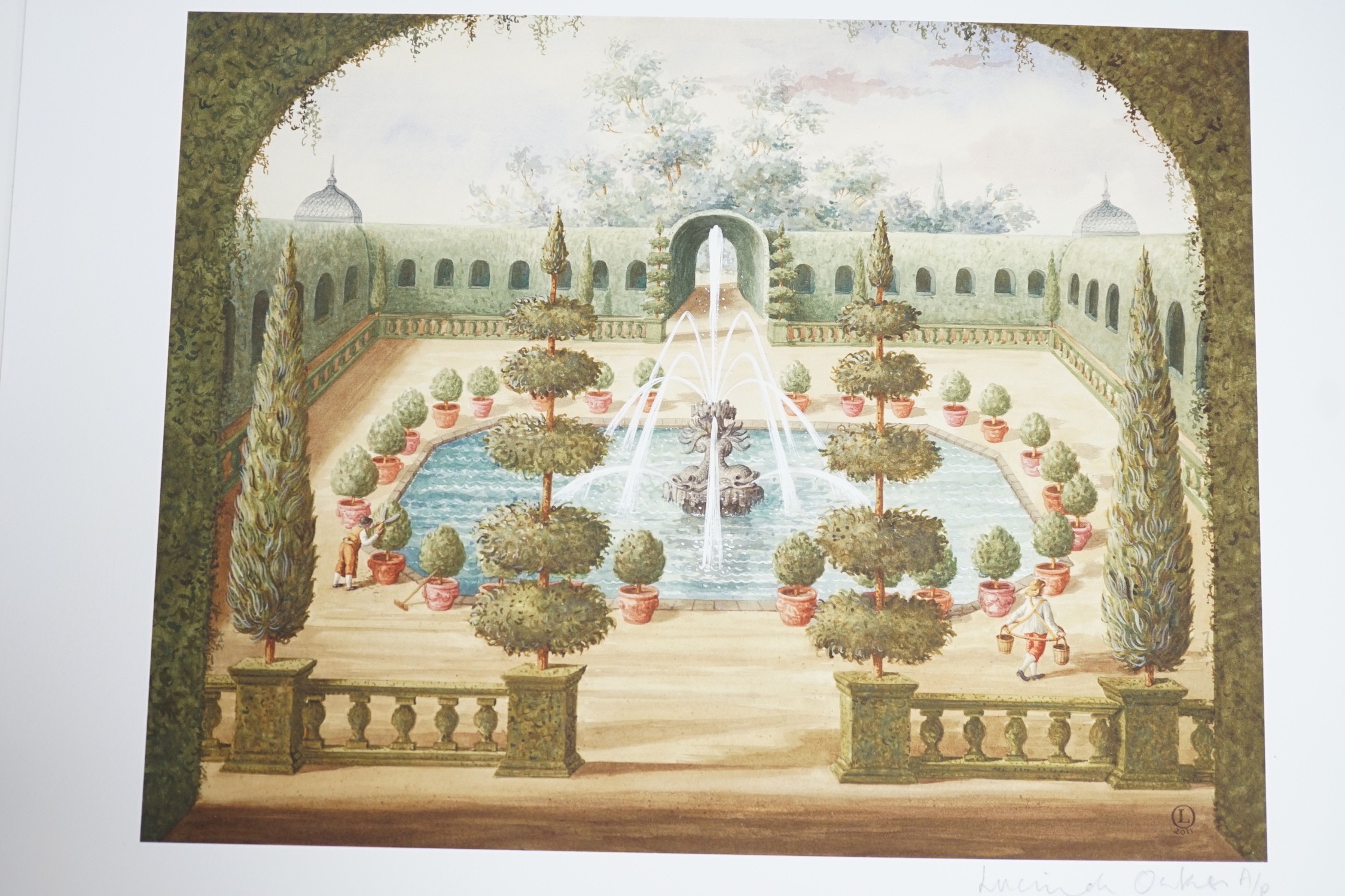 Lucinda Oakes, eight offset lithographs with hand-tinting, 18th century gardens with fountains, four signed in pencil and inscribed AP (artist proof), overall 35 x 42.5cm and four signed in pencil, overall 30 x 37.5cm, u